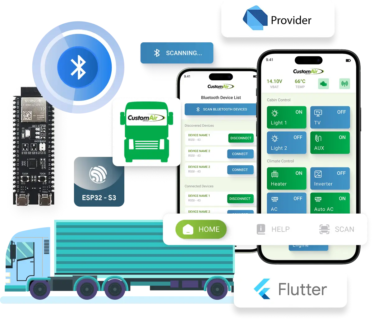 Mobile app interface for truck control using ESP32, BLE and Flutter; showcases vehicle with embedded IoT hardware and Provider-based state management.