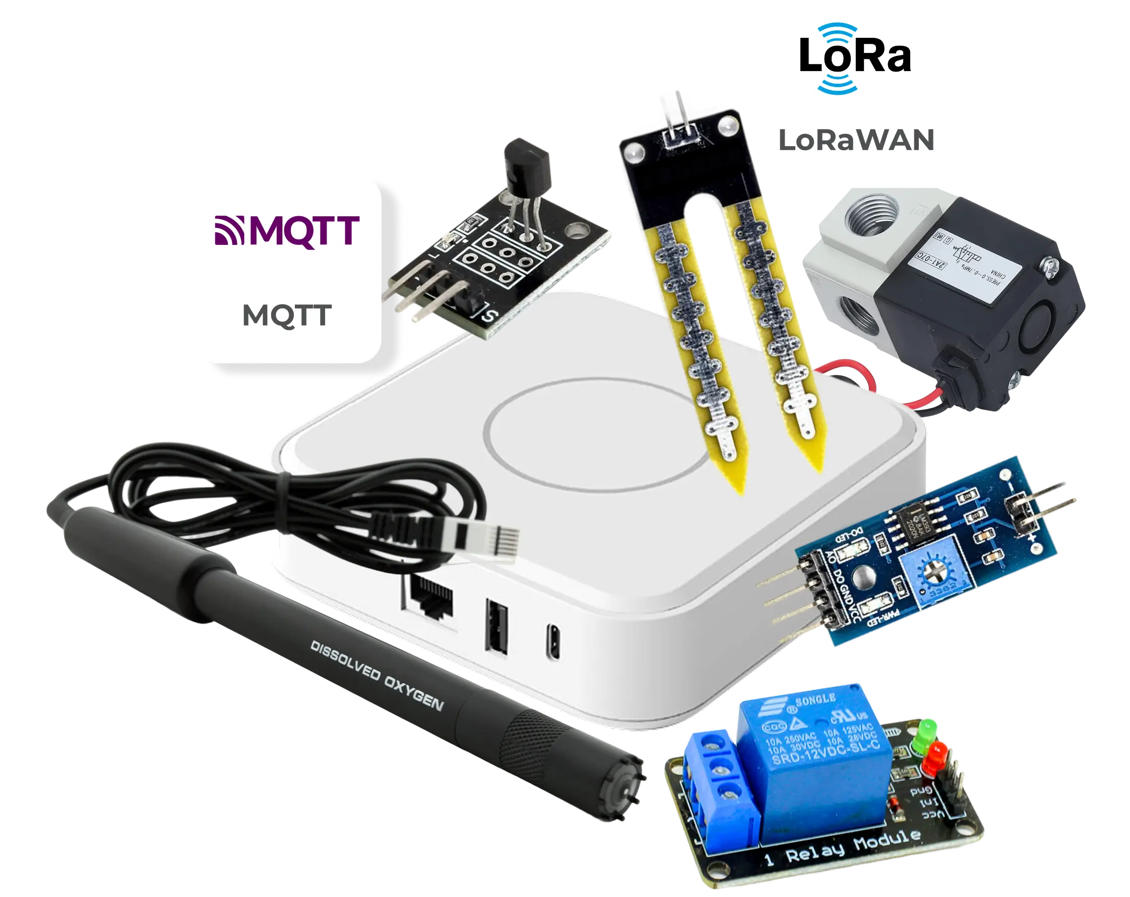 Smart watering solution with a hub, relay controllers, solenoid valve control; soil moisture, temperature & dissolved oxygen sensors using LoRa and MQTT.